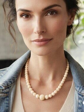 Vintage French Ivory Celluloid Carved Floral Graduated Bead Necklace 16 Inch